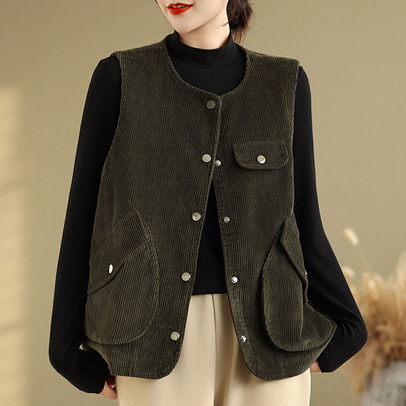 Buddha Stones Sleeveless Buttons Women's Cotton Vest Corduroy Waistcoat With Pockets - DarkOliveGreen - US14，UK/AU18，EU46 (2XL) - image 19