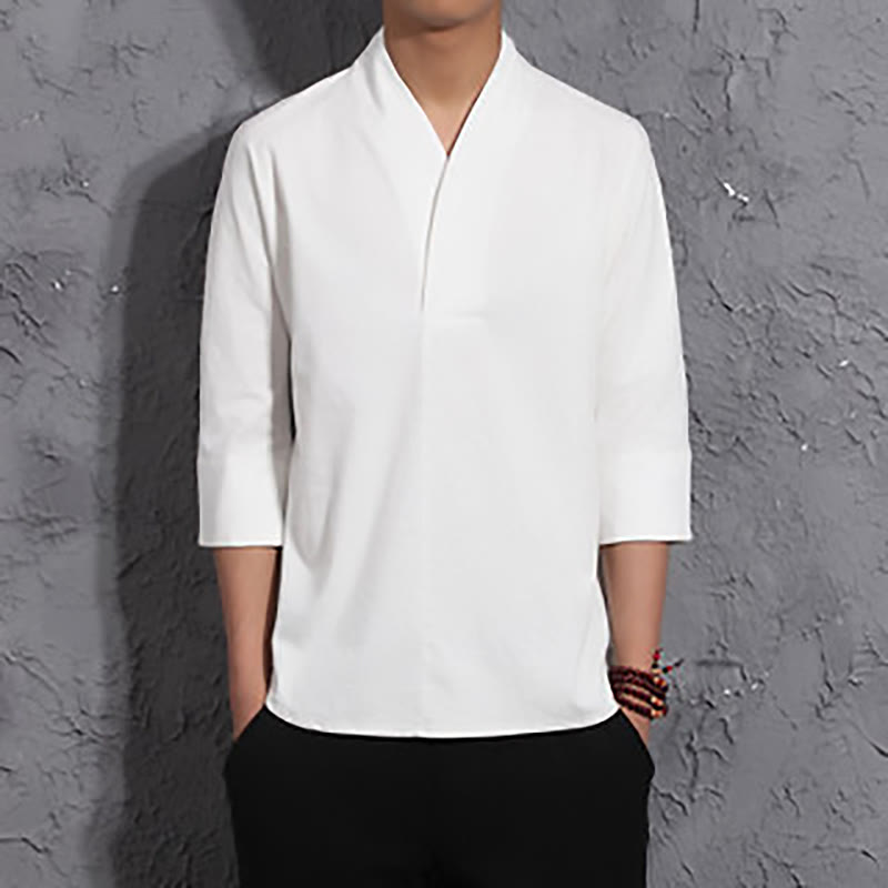 Buddha Stones Casual V-Neck Three Quarter Sleeve Shirt Cotton Men Clothing - White - US/UK/AU44，EU54 (5XL) - image 1