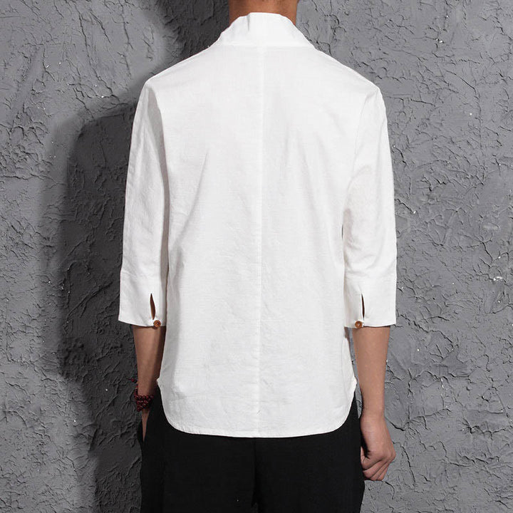 Buddha Stones Casual V-Neck Three Quarter Sleeve Shirt Cotton Men Clothing - image 2