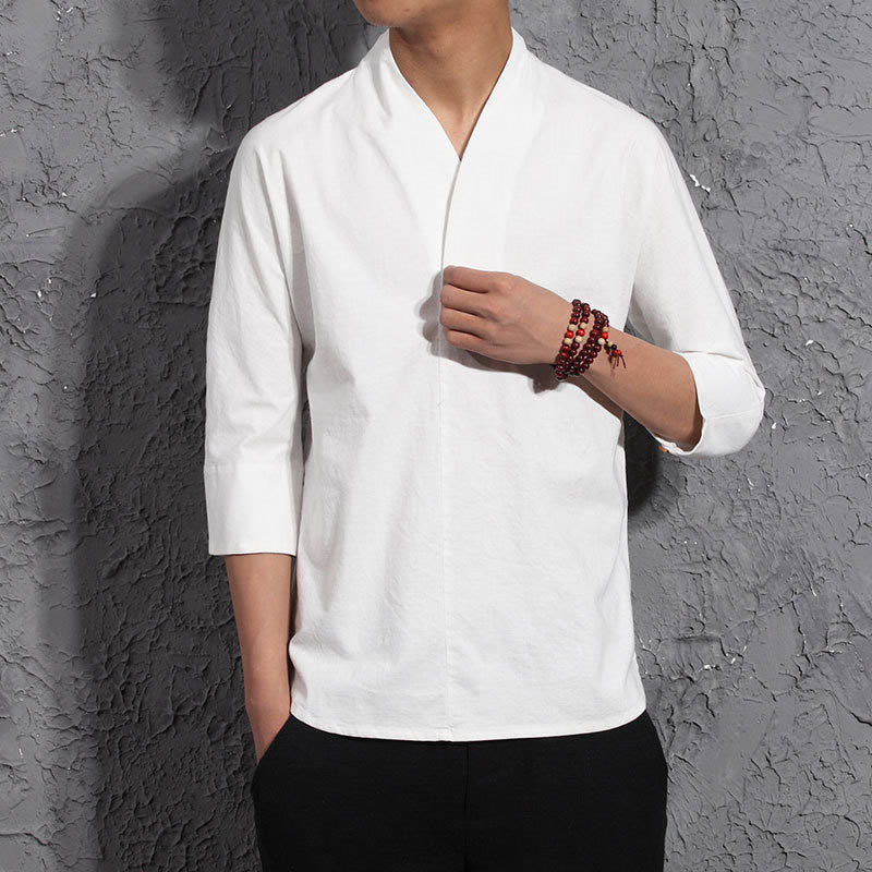 Buddha Stones Casual V-Neck Three Quarter Sleeve Shirt Cotton Men Clothing - image 3