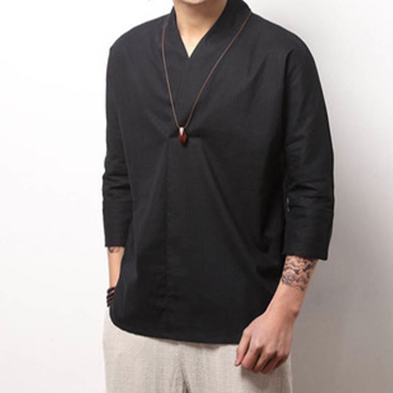 Buddha Stones Casual V-Neck Three Quarter Sleeve Shirt Cotton Men Clothing - image 6