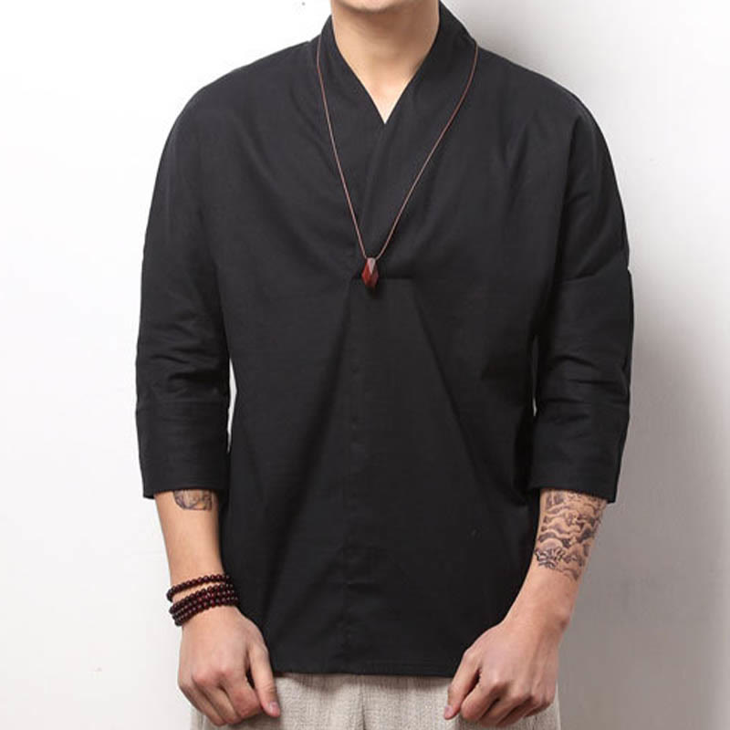 Buddha Stones Casual V-Neck Three Quarter Sleeve Shirt Cotton Men Clothing - Black - US/UK/AU44，EU54 (5XL) - image 5