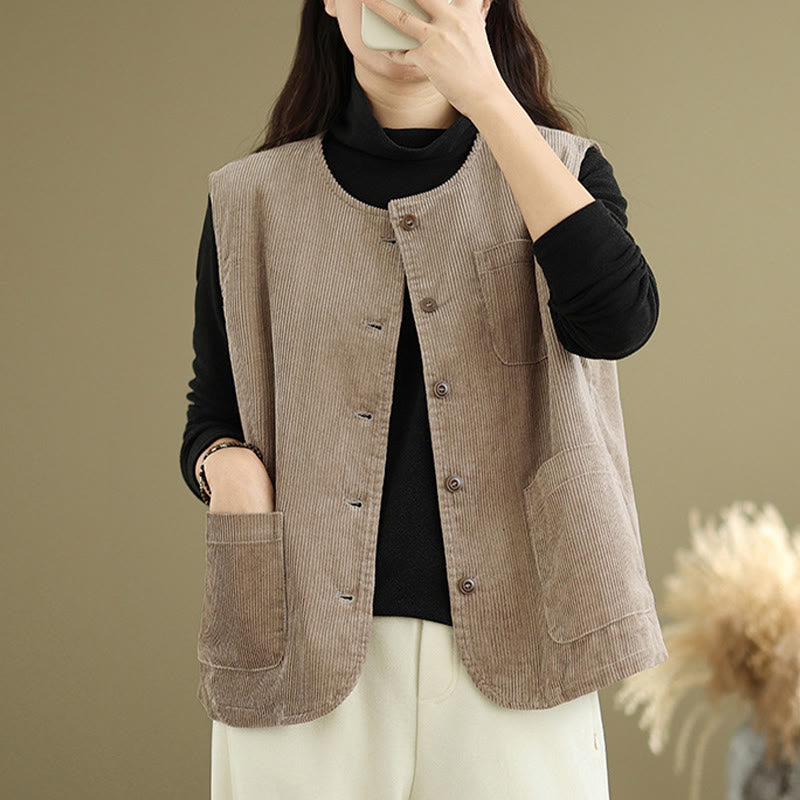 Buddha Stones Corduroy Buttons Women's Sleeveless Cotton Vest Waistcoat With Pockets - image 2