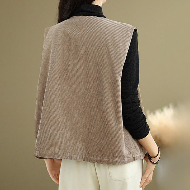 Buddha Stones Corduroy Buttons Women's Sleeveless Cotton Vest Waistcoat With Pockets - image 6