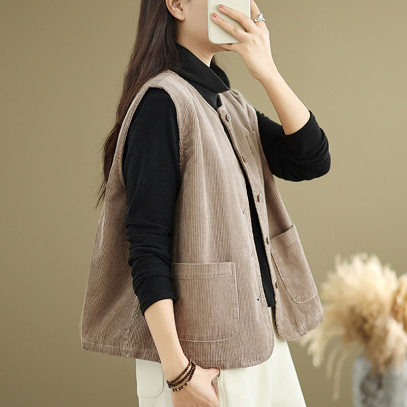 Buddha Stones Corduroy Buttons Women's Sleeveless Cotton Vest Waistcoat With Pockets - image 4