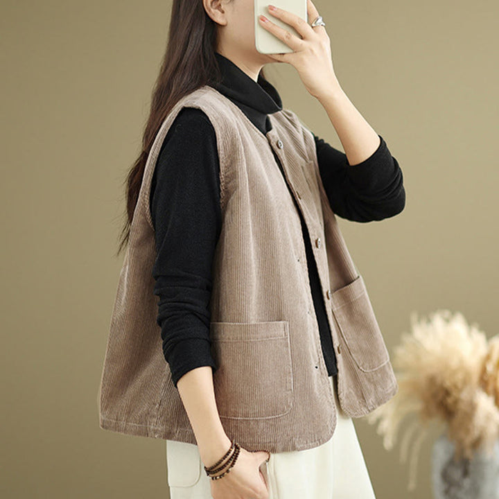 Buddha Stones Corduroy Buttons Women's Sleeveless Cotton Vest Waistcoat With Pockets - image 4