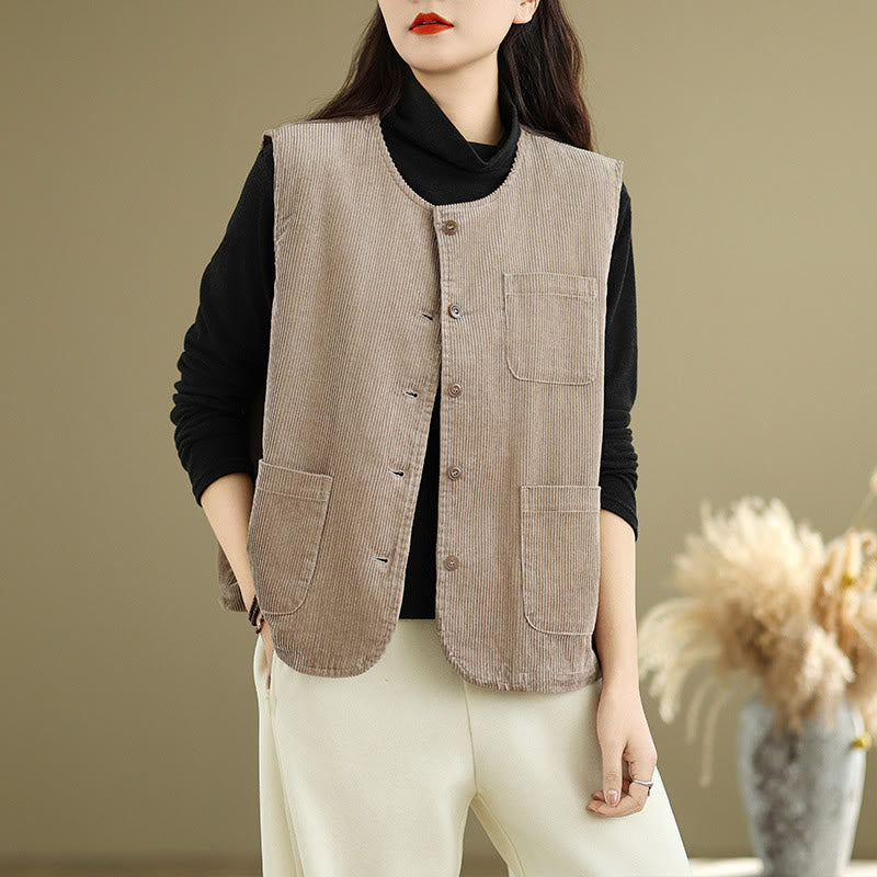 Buddha Stones Corduroy Buttons Women's Sleeveless Cotton Vest Waistcoat With Pockets - Tan - US8-10，UK/AU12-14，EU40-42 (2XL) - image 0