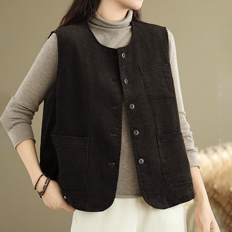 Buddha Stones Corduroy Buttons Women's Sleeveless Cotton Vest Waistcoat With Pockets - SaddleBrown - US8-10，UK/AU12-14，EU40-42 (2XL) - image 7