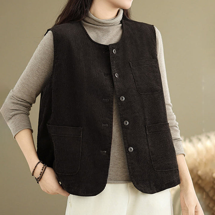 Buddha Stones Corduroy Buttons Women's Sleeveless Cotton Vest Waistcoat With Pockets - SaddleBrown - US8-10，UK/AU12-14，EU40-42 (2XL) - image 7
