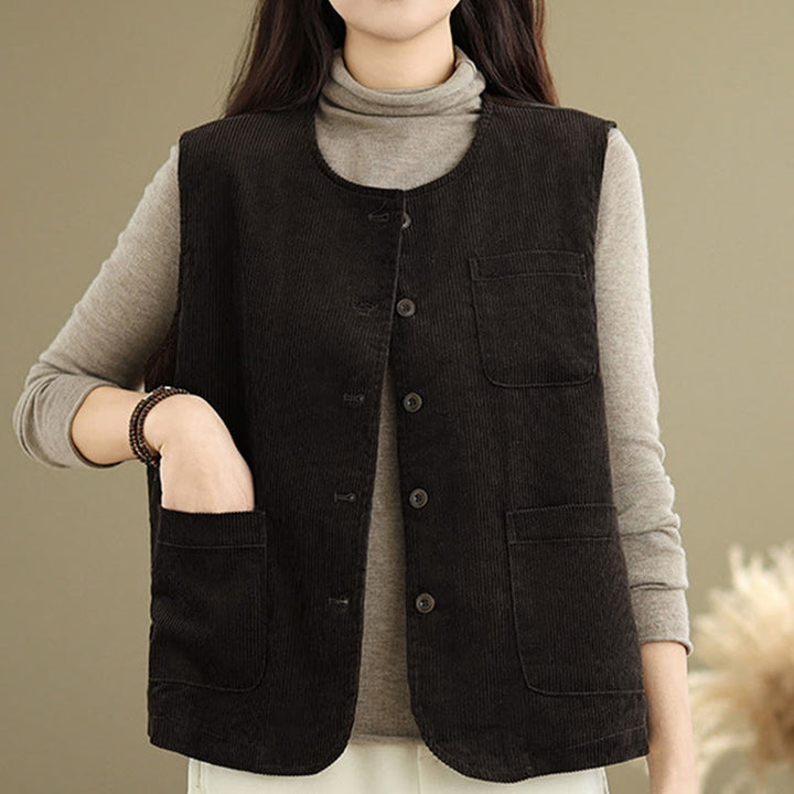Buddha Stones Corduroy Buttons Women's Sleeveless Cotton Vest Waistcoat With Pockets - image 11