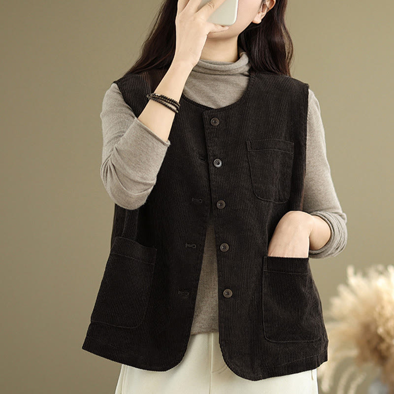 Buddha Stones Corduroy Buttons Women's Sleeveless Cotton Vest Waistcoat With Pockets - image 10