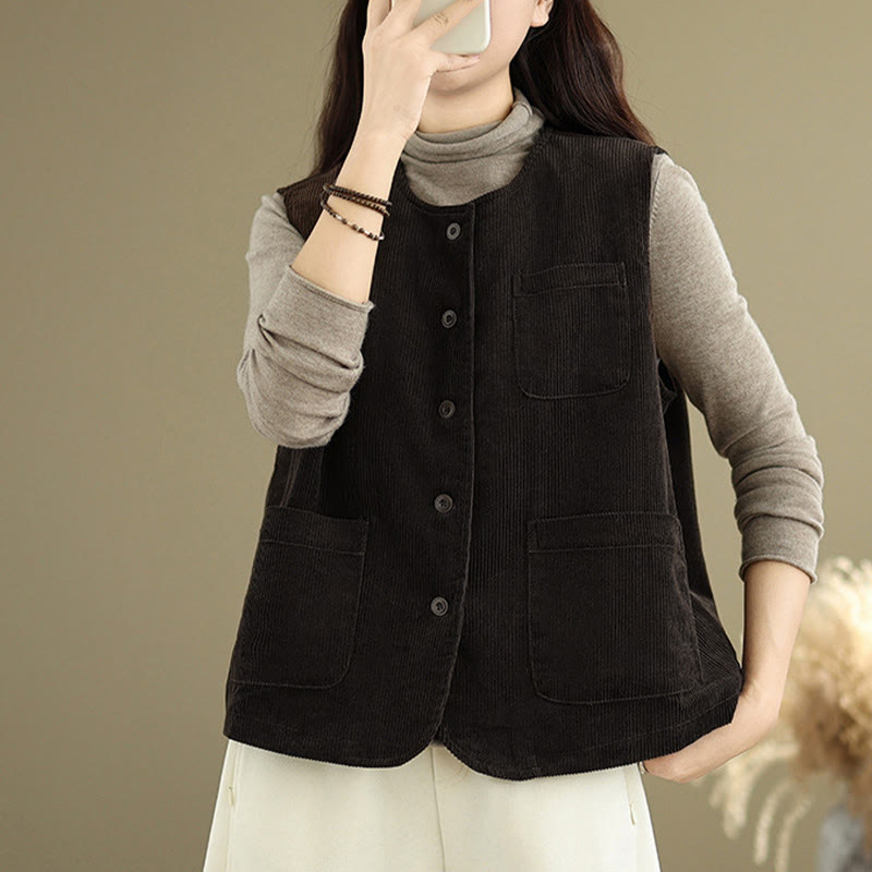 Buddha Stones Corduroy Buttons Women's Sleeveless Cotton Vest Waistcoat With Pockets - image 8
