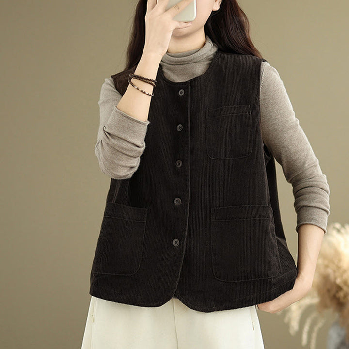 Buddha Stones Corduroy Buttons Women's Sleeveless Cotton Vest Waistcoat With Pockets - image 8