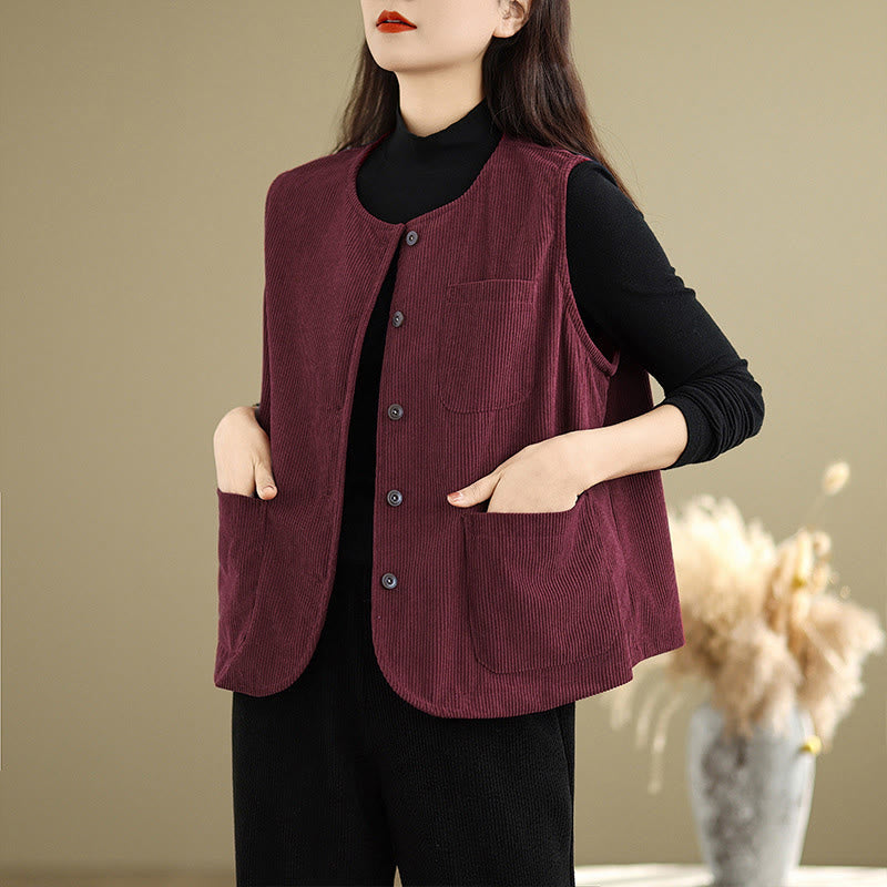 Buddha Stones Corduroy Buttons Women's Sleeveless Cotton Vest Waistcoat With Pockets - image 21