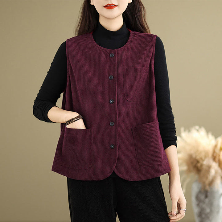 Buddha Stones Corduroy Buttons Women's Sleeveless Cotton Vest Waistcoat With Pockets - IndianRed - US8-10，UK/AU12-14，EU40-42 (2XL) - image 18