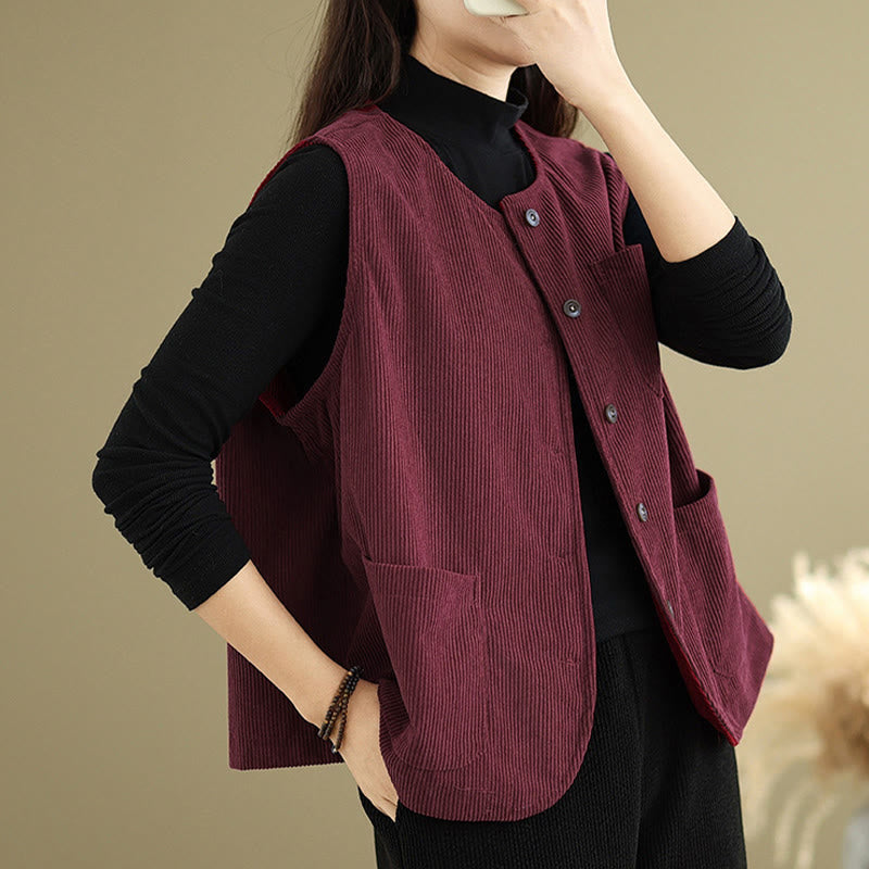 Buddha Stones Corduroy Buttons Women's Sleeveless Cotton Vest Waistcoat With Pockets - image 24