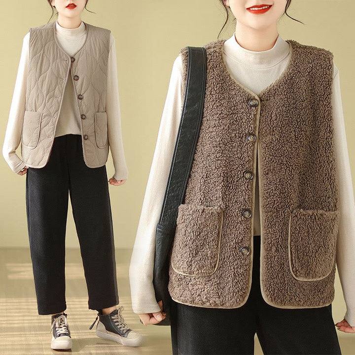 Buddha Stones Double-sided Style Women's Viscose Fiber Sleeveless Vest Waistcoat With Pockets - BurlyWood - US12，UK/AU16，EU44 (2XL) - image 0
