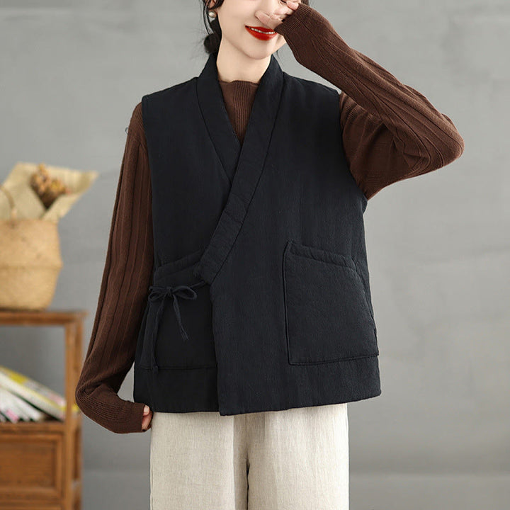 Buddha Stones Plain Lace-up Women's Sleeveless Cotton Vest Waistcoat With Pockets - image 3