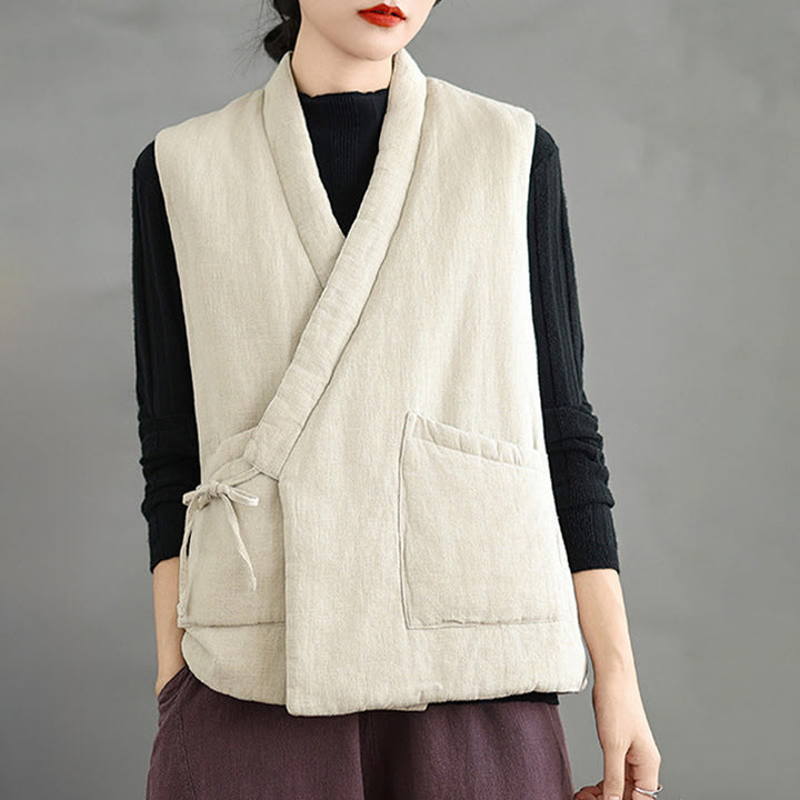 Buddha Stones Plain Lace-up Women's Sleeveless Cotton Vest Waistcoat With Pockets - Beige - US12，UK/AU16，EU44 (2XL) - image 16