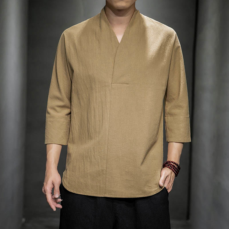 Buddha Stones Casual V-Neck Three Quarter Sleeve Shirt Cotton Men Clothing - BurlyWood - US/UK/AU44，EU54 (5XL) - image 0