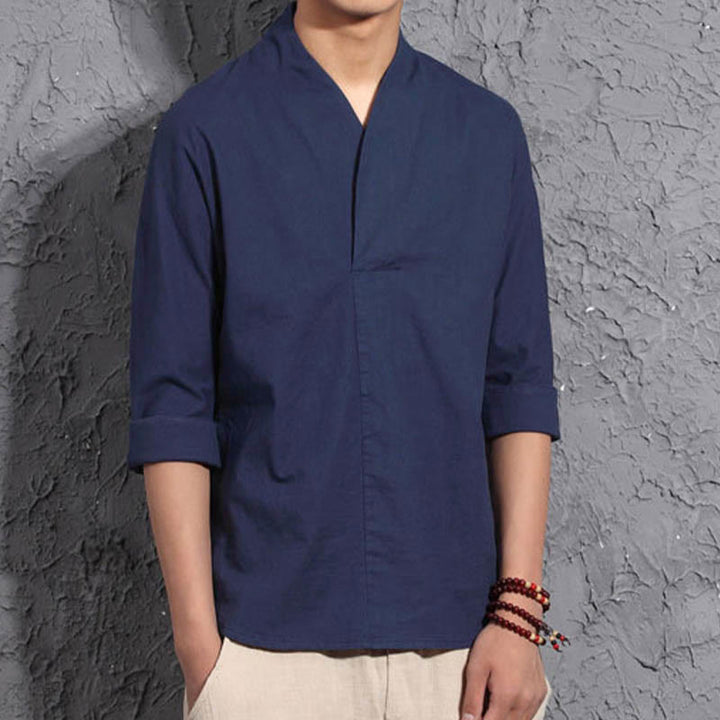 Buddha Stones Casual V-Neck Three Quarter Sleeve Shirt Cotton Men Clothing - image 9