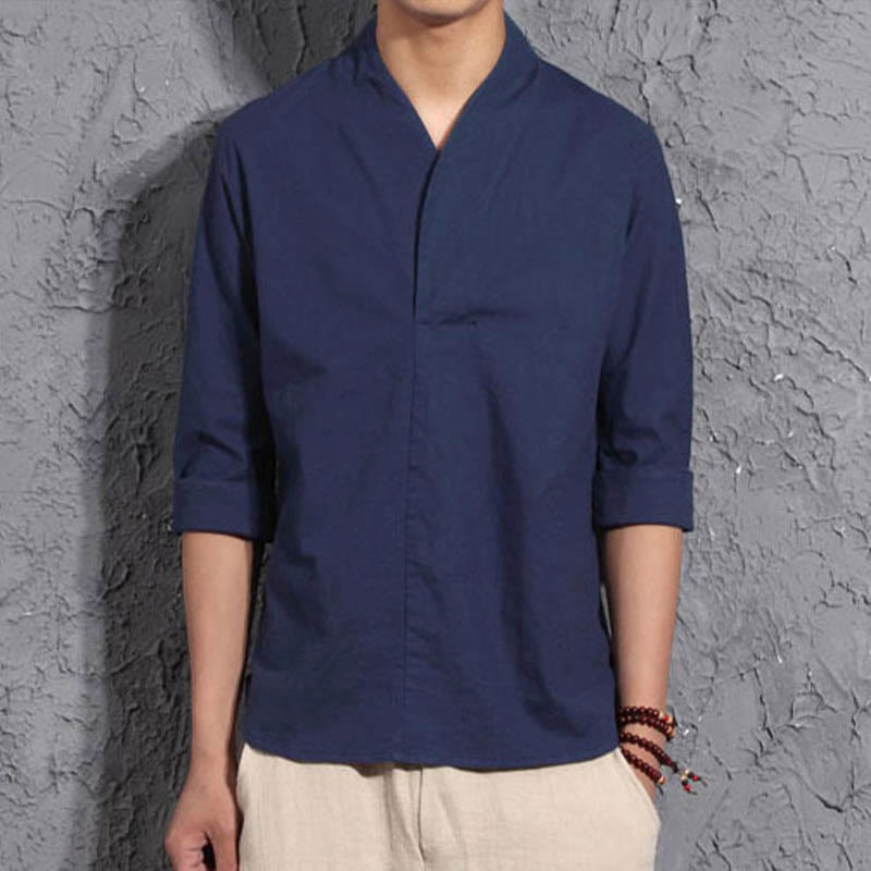 Buddha Stones Casual V-Neck Three Quarter Sleeve Shirt Cotton Men Clothing - Steelblue - US/UK/AU44，EU54 (5XL) - image 7