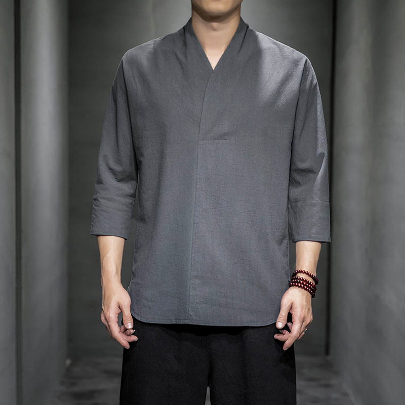 Buddha Stones Casual V-Neck Three Quarter Sleeve Shirt Cotton Men Clothing - Gray - US/UK/AU44，EU54 (5XL) - image 4