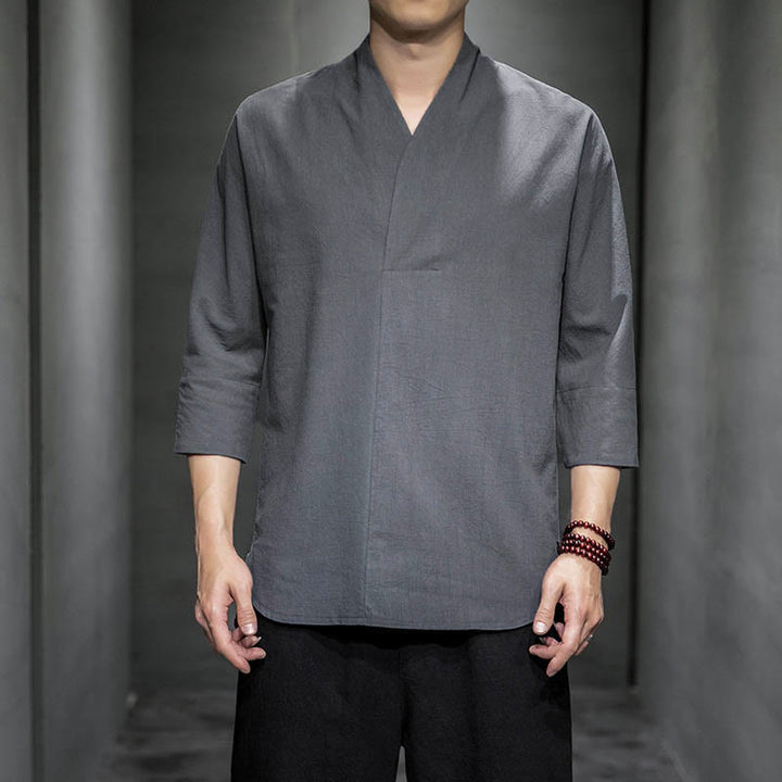 Buddha Stones Casual V-Neck Three Quarter Sleeve Shirt Cotton Men Clothing - Gray - US/UK/AU44，EU54 (5XL) - image 4