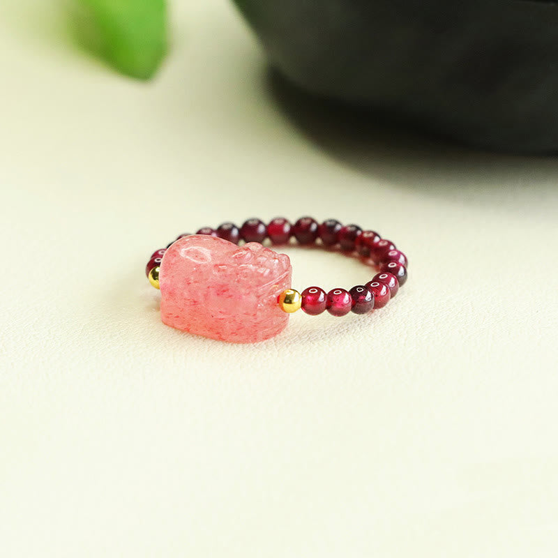 Buddha Stones Garnet Beads Strawberry Quartz Pixiu Protection Ring - image 3