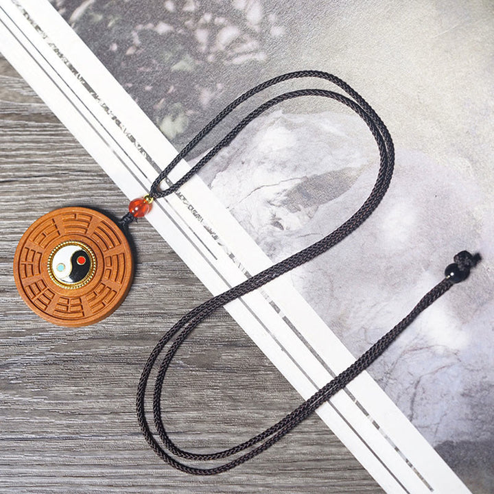 Buddha Stones Lightning Struck Jujube Wood Yin Yang Bagua Luck Necklace Pendant - image 3