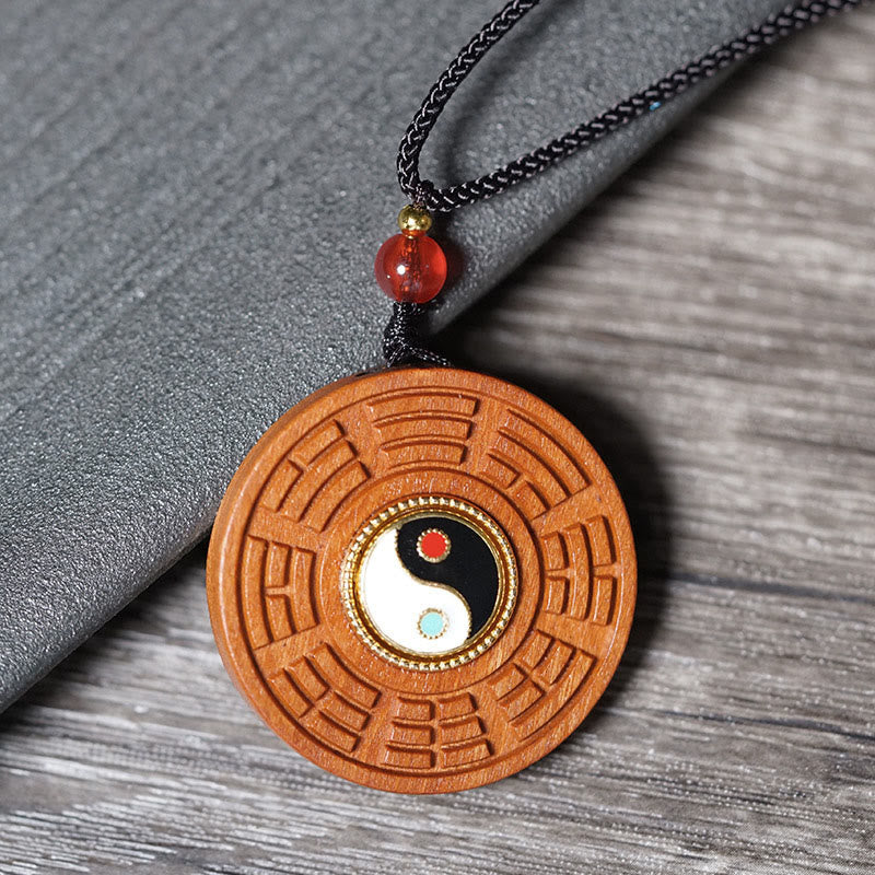 Buddha Stones Lightning Struck Jujube Wood Yin Yang Bagua Luck Necklace Pendant - Lightning Struck Jujube Wood - image 0