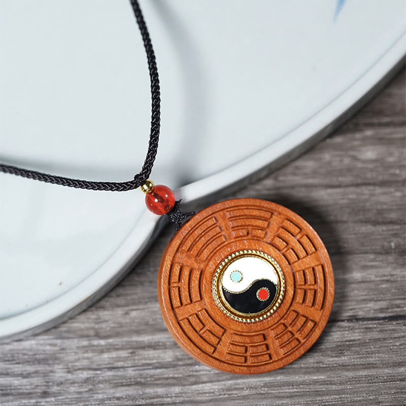 Buddha Stones Lightning Struck Jujube Wood Yin Yang Bagua Luck Necklace Pendant - image 1
