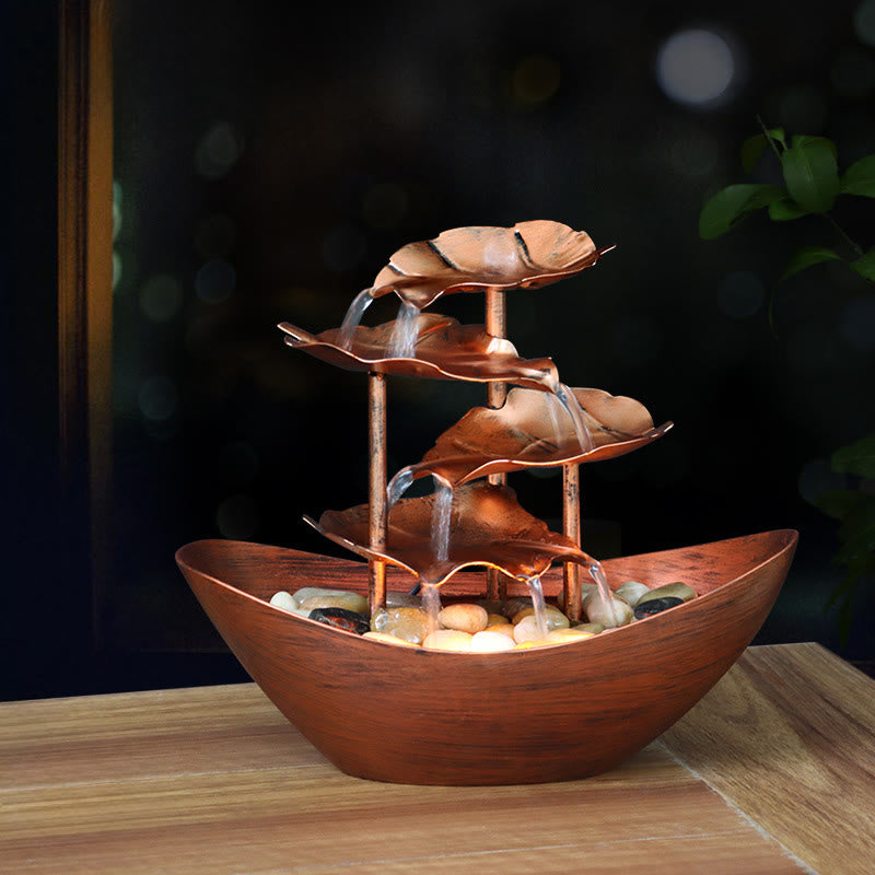 Buddha Stones Lotus Leaf Shaped Waterfall Fountain Tabletop Ornaments With LED Light Home Office Desktop Decoration - Brown(Metal Version) - image 20