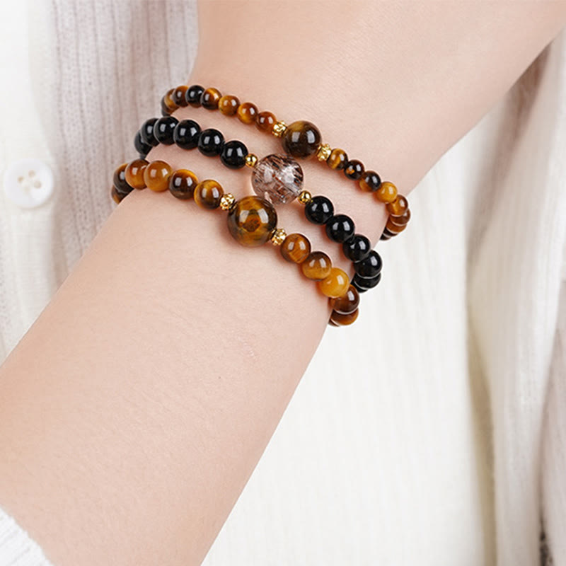 Buddha Stones Tiger Eye Black Obsidian Courage Beads Bracelet - image 10