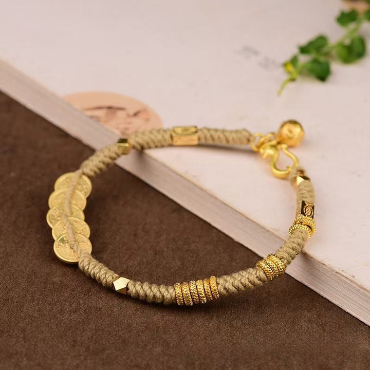 Buddha Stones Handmade Five Emperor Coins Wealth String Braided Bracelet - Yellow Rope(Wrist Circumference: 15-19cm) - image 5