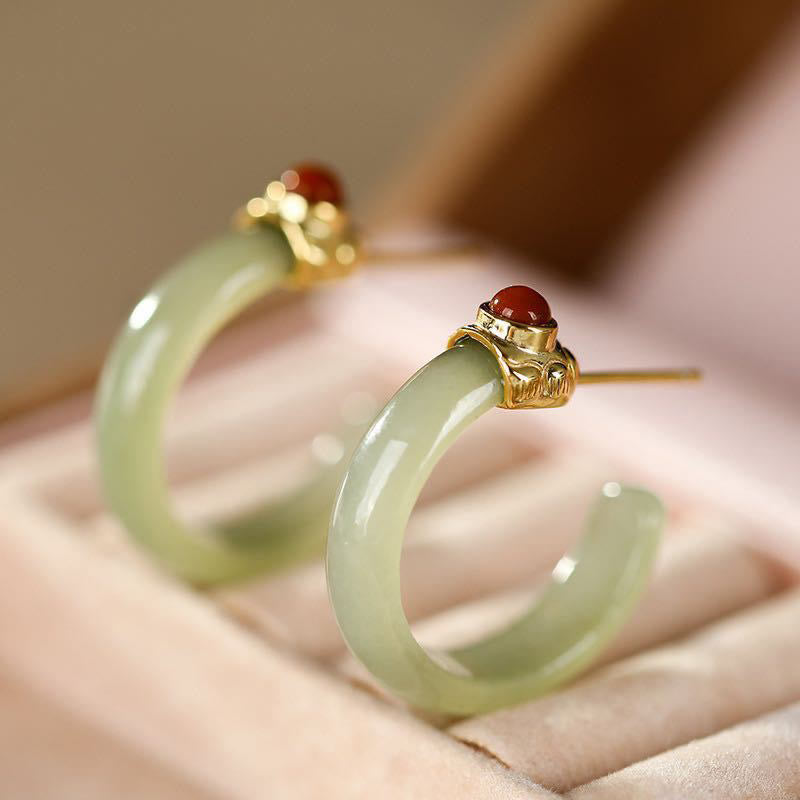 Buddha Stones 925 Sterling Silver Hetian Jade Prosperity Curved Earrings  - Jade(925 Sterling Silver Posts) - image 0