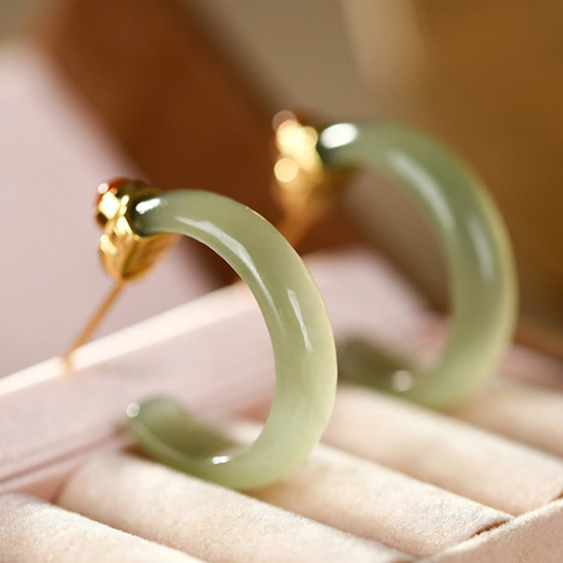 Buddha Stones 925 Sterling Silver Hetian Jade Prosperity Curved Earrings  - image 1