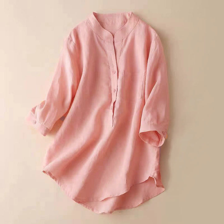 Buddha Stones Casual Women's V-neck Three Quarter Sleeve Design Plain Shirt - 	Salmon - US12，UK/AU16，EU44 (3XL) - image 12