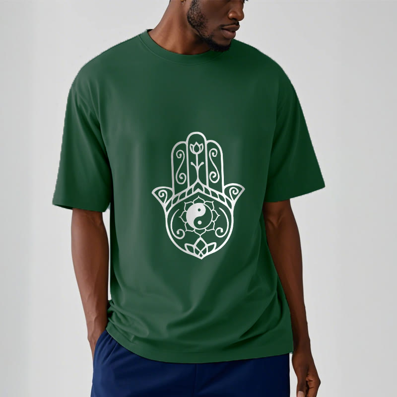 Buddha Stones Hamsa Hand Yin Yang Pattern Tee Cotton T-shirt - image 1