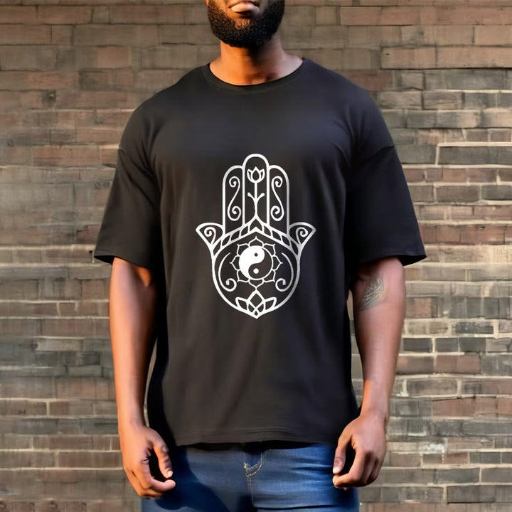 Buddha Stones Hamsa Hand Yin Yang Pattern Tee Cotton T-shirt - image 5