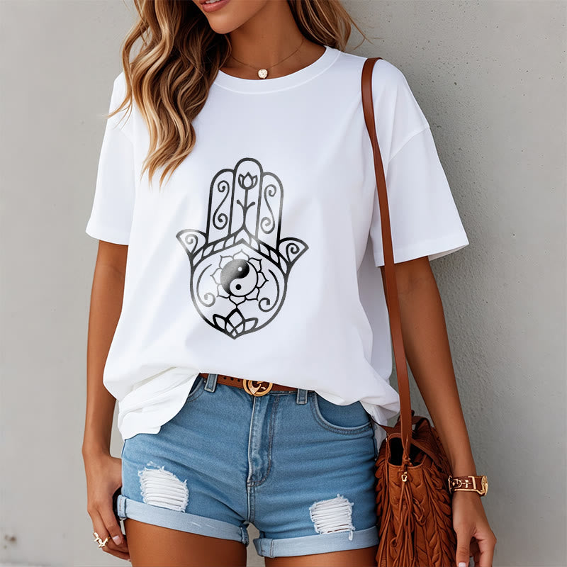 Buddha Stones Hamsa Hand Yin Yang Pattern Tee Cotton T-shirt - image 9