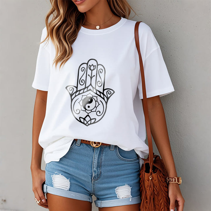 Buddha Stones Hamsa Hand Yin Yang Pattern Tee Cotton T-shirt - image 9