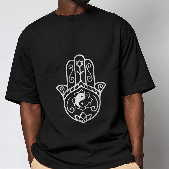 Buddha Stones Hamsa Hand Yin Yang Pattern Tee Cotton T-shirt - image 4