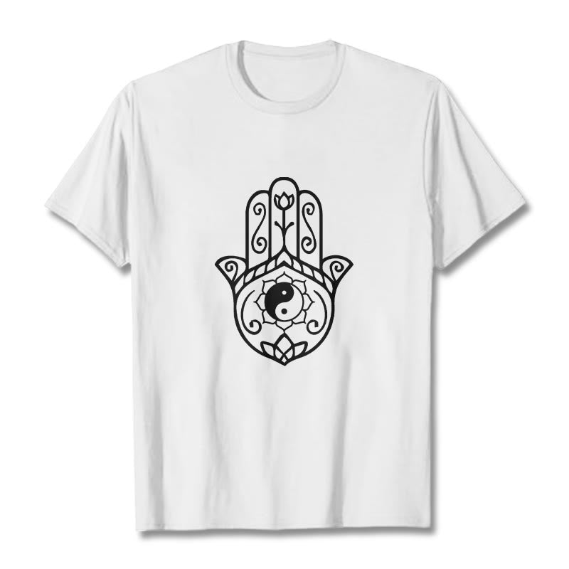 Buddha Stones Hamsa Hand Yin Yang Pattern Tee Cotton T-shirt - White - 2XL - image 7