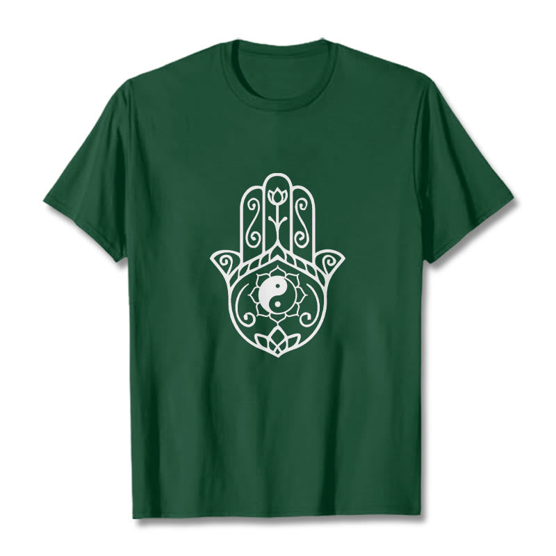 Buddha Stones Hamsa Hand Yin Yang Pattern Tee Cotton T-shirt - ForestGreen - 2XL - image 0