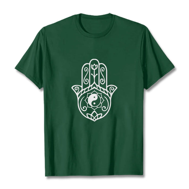 Buddha Stones Hamsa Hand Yin Yang Pattern Tee Cotton T-shirt - ForestGreen - 2XL - image 0