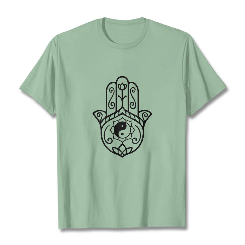 Buddha Stones Hamsa Hand Yin Yang Pattern Tee Cotton T-shirt - PaleGreen - 2XL - image 14