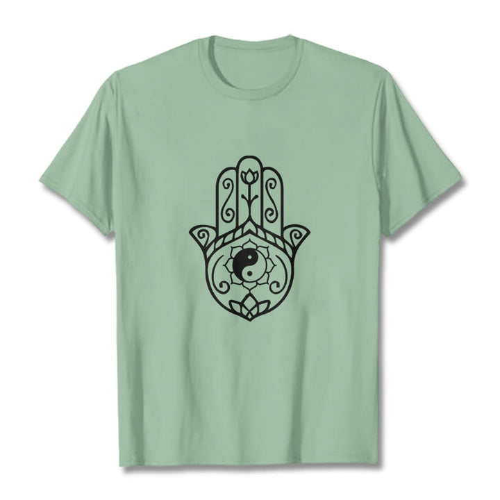 Buddha Stones Hamsa Hand Yin Yang Pattern Tee Cotton T-shirt - PaleGreen - 2XL - image 14