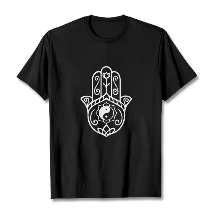 Buddha Stones Hamsa Hand Yin Yang Pattern Tee Cotton T-shirt - Black - 2XL - image 3