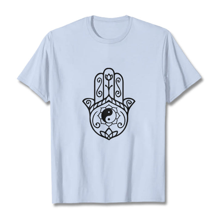 Buddha Stones Hamsa Hand Yin Yang Pattern Tee Cotton T-shirt - LightCyan - 2XL - image 18